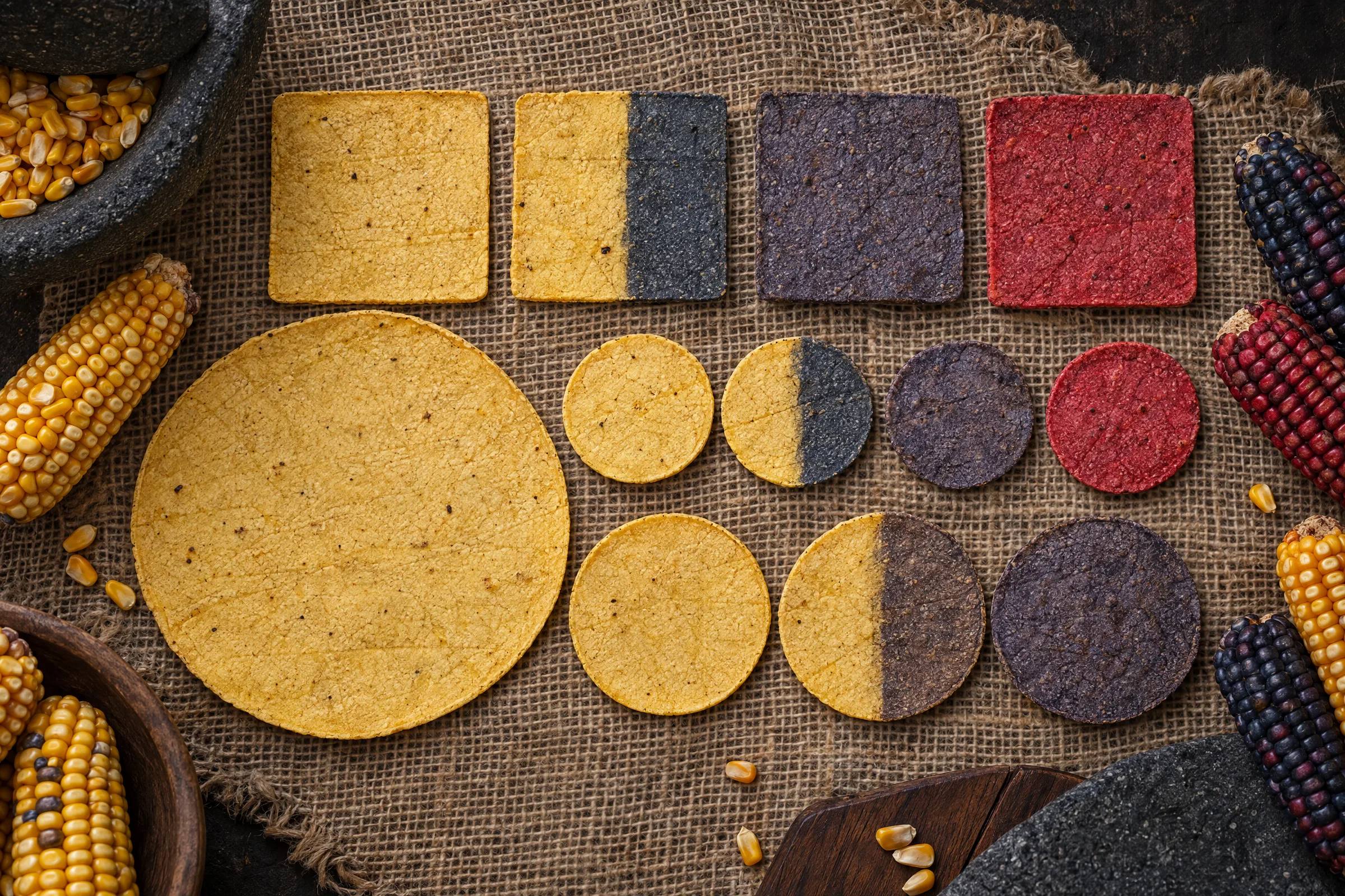 Arreglo de tortillas de maíz en formas y tamaños a la medida sobre arpillera